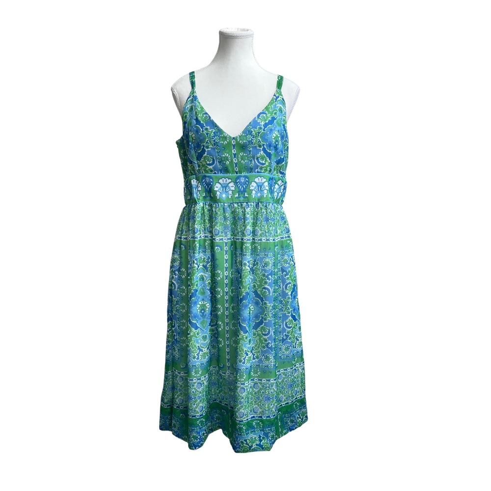 Gretchen Scott "Fiesta Time"Maxi Dress Green Blue V Neck Sundress Women's L Boho